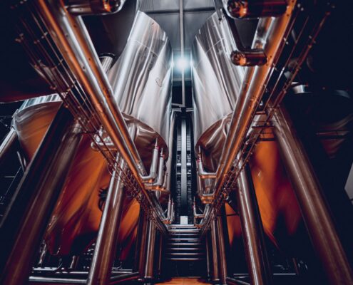 Reihen von Stahltanks für die Gärung und Reifung von Bier in einer Handwerksbrauerei