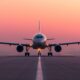 Flugzeug kurz vor dem Start bei Sonnenaufgang – Symbol fuer gelungene Reisevorbereitung inklusive Parken Flughafen Nuernberg