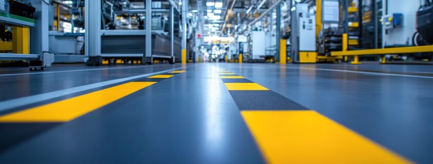 Bodenmarkierung in gelb-schwarz zur Trennung von Lauf- und Fahrwegen in der Industriehalle