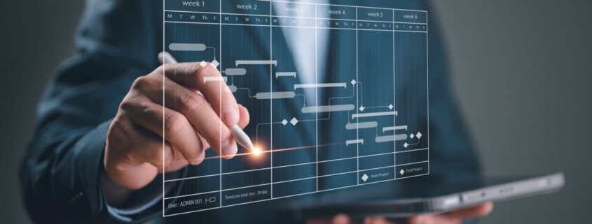Business-Manager nutzt eine Produktionsplanung Software zur Bearbeitung eines digitalen Gantt-Diagramms mit Echtzeit-Planung auf einem Touchscreen