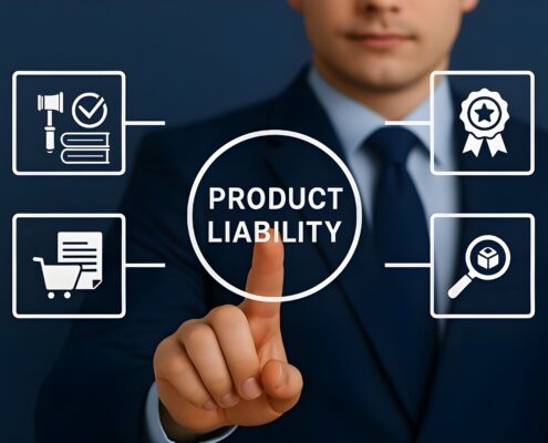 Anwalt für Produkthaftung erklärt Haftungsrisiken anhand digitaler Symbole zu Produktsicherheit, Kontrolle und Qualitätsmanagement