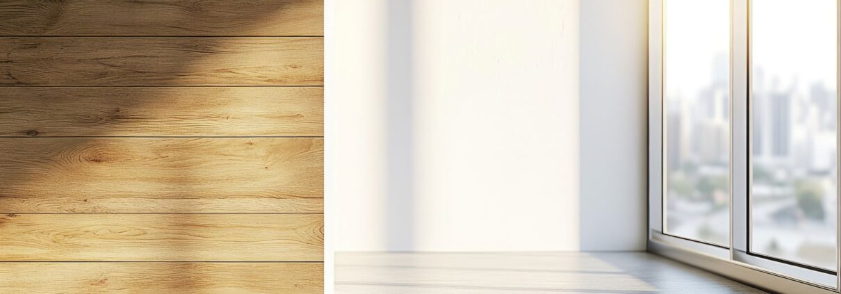 moderner leerer wohnraum mit ecke aus holz und weisser wand bei tageslicht