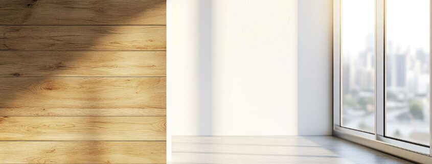 moderner leerer wohnraum mit ecke aus holz und weisser wand bei tageslicht