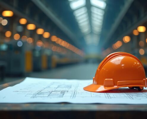 Oranger Schutzhelm liegt auf technischen Zeichnungen in einer hellen Industriehalle – steht sinnbildlich für Planung, Verantwortung und Investitionsentscheidungen im Maschinenpark