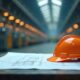 Oranger Schutzhelm liegt auf technischen Zeichnungen in einer hellen Industriehalle – steht sinnbildlich für Planung, Verantwortung und Investitionsentscheidungen im Maschinenpark
