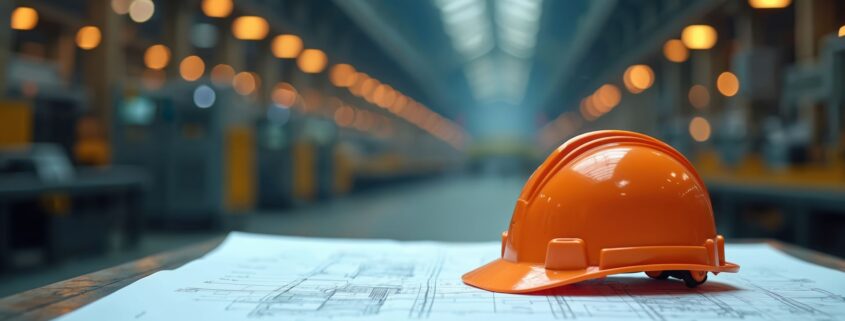 Oranger Schutzhelm liegt auf technischen Zeichnungen in einer hellen Industriehalle – steht sinnbildlich für Planung, Verantwortung und Investitionsentscheidungen im Maschinenpark