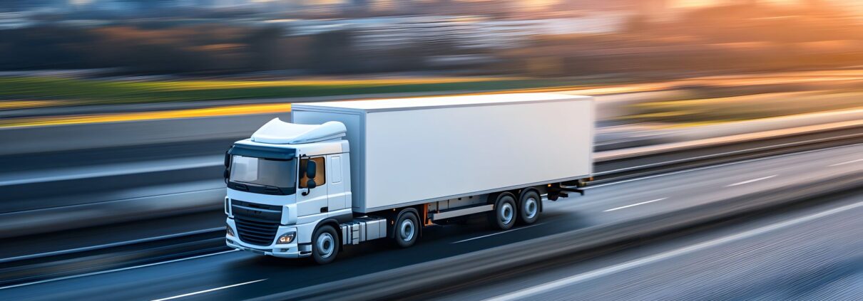 Ein weißer Lkw fährt bei Sonnenaufgang auf einer mehrspurigen Autobahn mit verschwommenem Stadthintergrund – symbolisiert moderne Logistik und Bewegung.