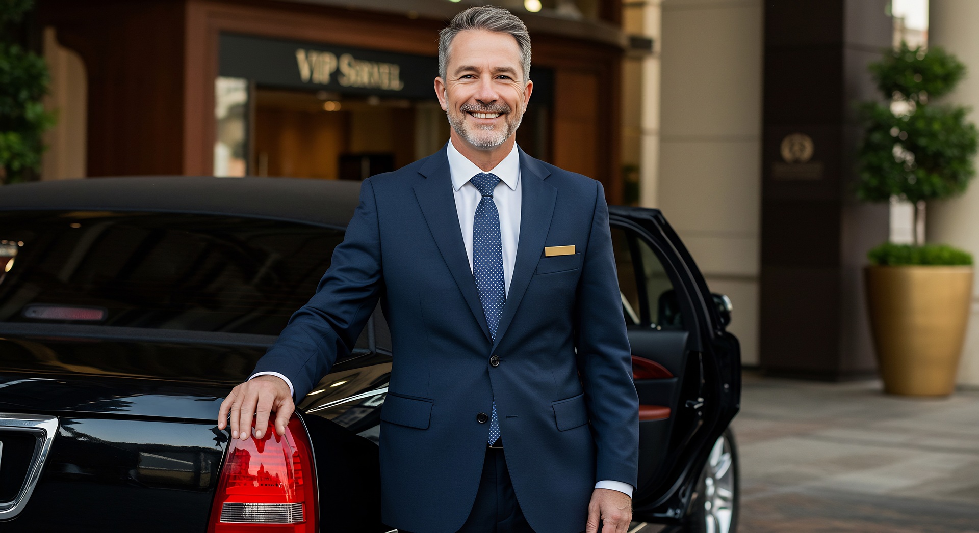 Chauffeur im Anzug steht vor Luxuslimousine | Berlin Escort