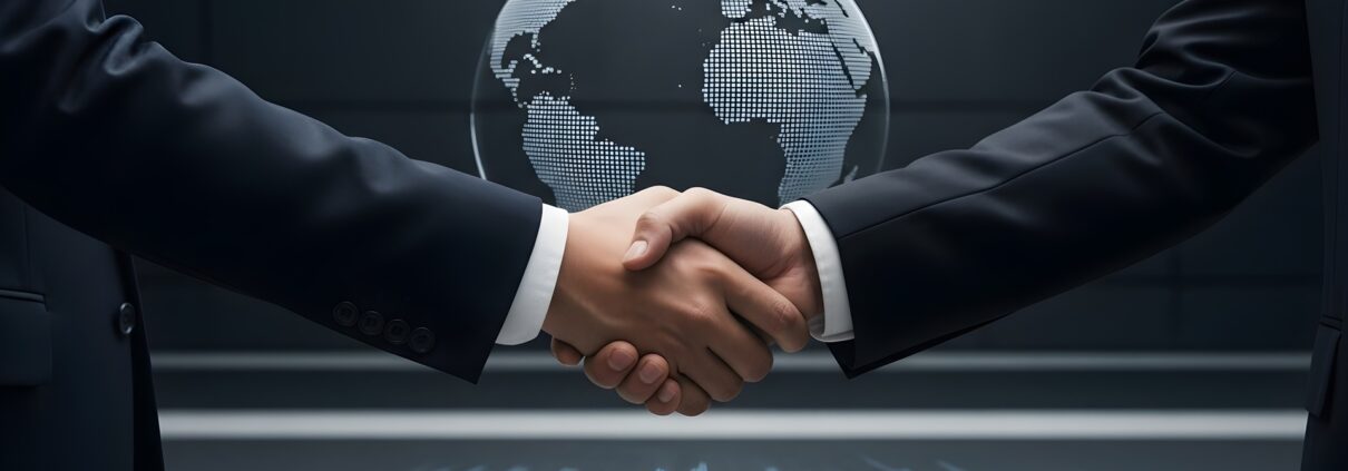 Businesshandschlag vor digitaler Weltkugel | Arbeitsschutzberatung