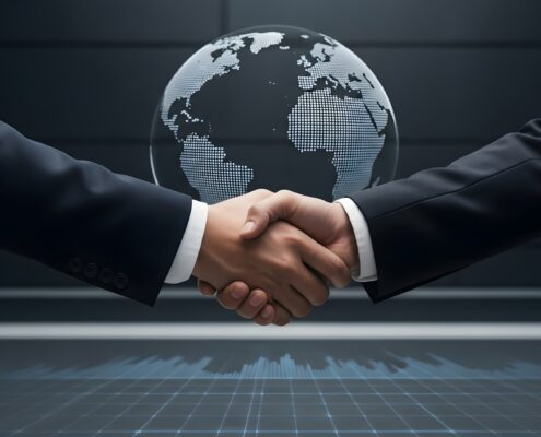 Businesshandschlag vor digitaler Weltkugel | Arbeitsschutzberatung