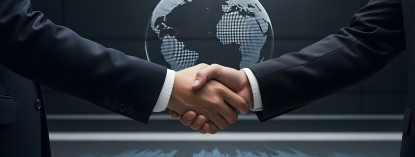 Businesshandschlag vor digitaler Weltkugel | Arbeitsschutzberatung