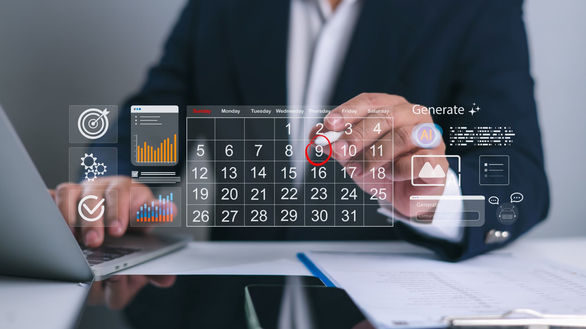 Businessperson nutzt digitalen Kalender mit grafischen Planungselementen als Hinweis auf advanced planning and scheduling