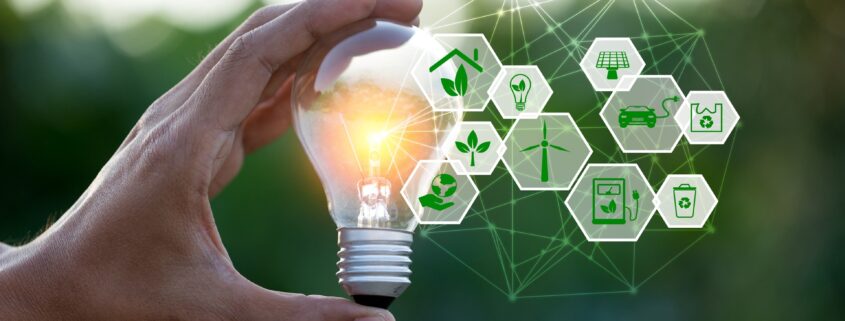 Hand hält Glühbirne mit Symbolen für grüne Energie | Heizölpreise NRW